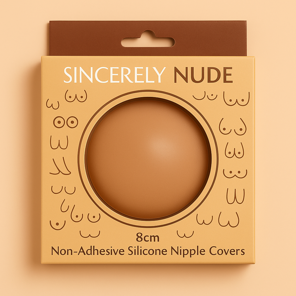 Package of 'Sincerely Nude' non-adhesive silicone nipple covers on a beige background
