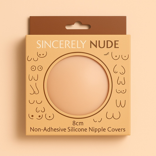 Package of Sincerely Nude non-adhesive silicone nipple covers on a beige background
