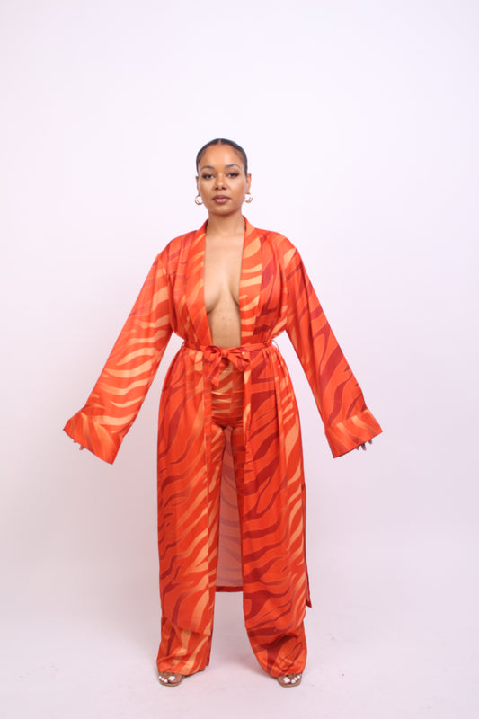 orange zebra print kimono with trousers